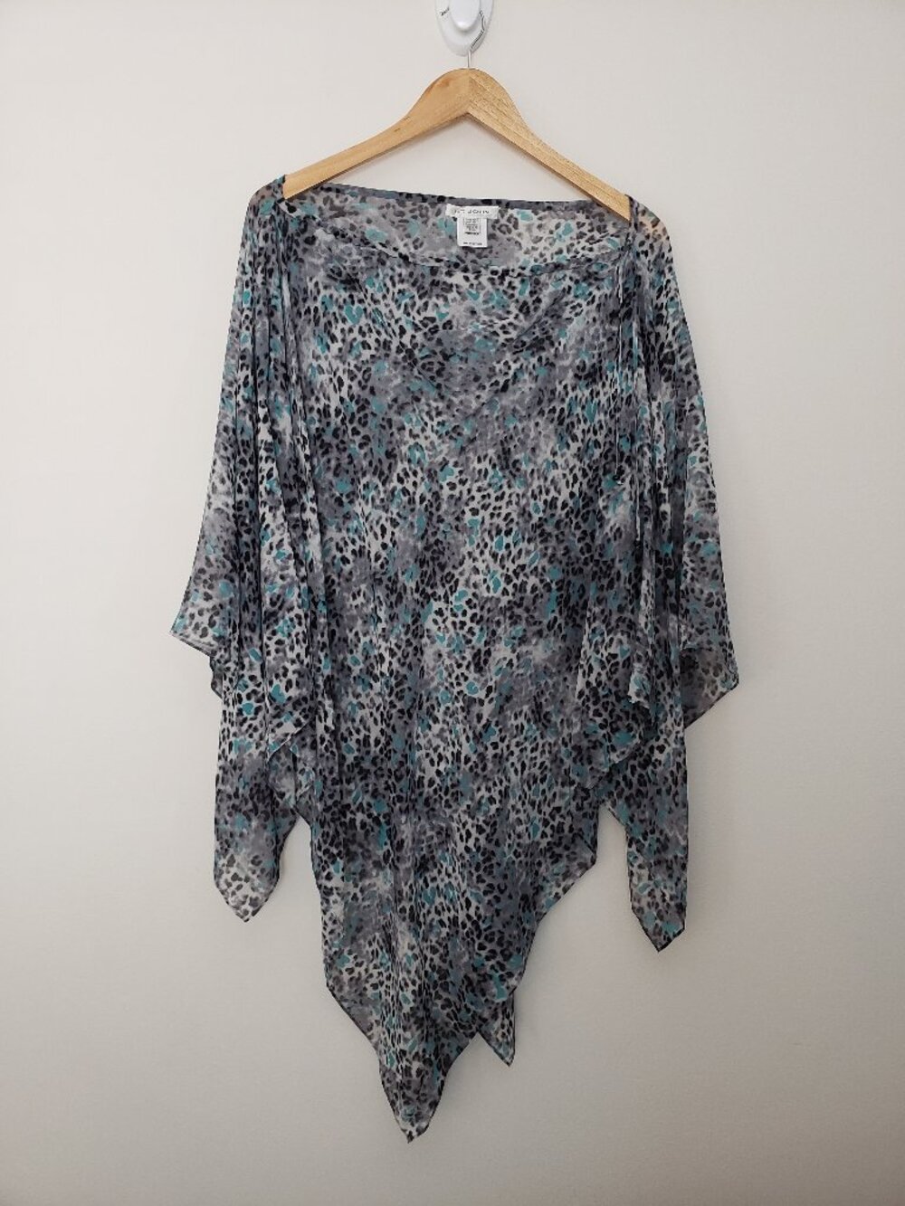 St. John Gray Blue With Leopard Print Poncho Shirt Top 100% Silk